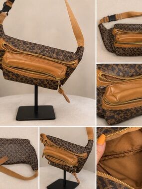 Unisex Brown Patterned Crossbody Waist Bag with Tan Accents